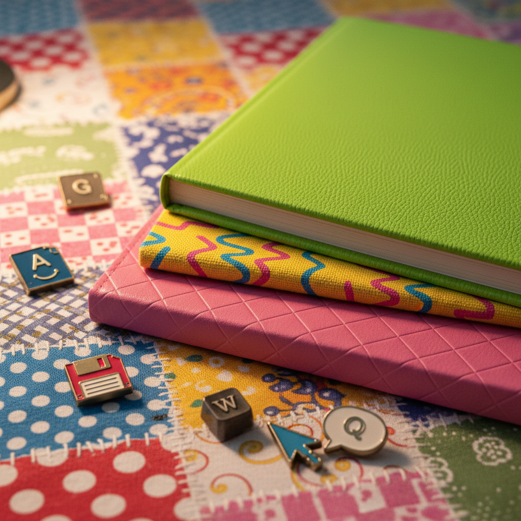 A stack of thick, textured notebooks bound in eclectic, mismatched retro covers—one in bright lime green vinyl, one in sunshine yellow with a 1980s squiggle pattern, and another in bubblegum pink faux leather. They are fanned artfully across a kaleidoscopic patchwork tablecloth dotted with antique enamel pins shaped like typewriter keys and quirky computer icons. Warm, glowing desk lamp light illuminates the setup, creating joyful reflections and gently rounded shadows for an inviting yet electric vibe. Shot at a low, close-up angle, with sharp focus on the tactile fabrics and embossed covers, this image exudes energetic nostalgia and playful intellect—an ideal visual for a witty, analog-inspired ghostwriting website.