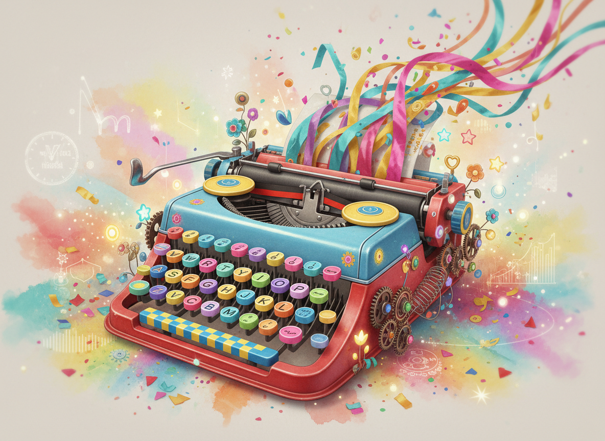 A vibrant, colorful, and quirky vintage typewriter with playful, eye-catching hues and fun details, suitable as a hero section background for a creative website.