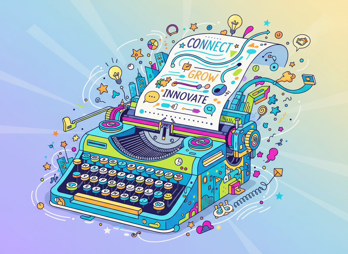 A quirky, colorful illustration of a vintage typewriter, styled with bold hues and playful details, evoking the fun, professional networking vibe of LinkedIn without using its logo. The image should look energetic, modern, and creative, incorporating some blue tones to hint at LinkedIn, but overall feel vibrant and fitting the site's quirky personality.