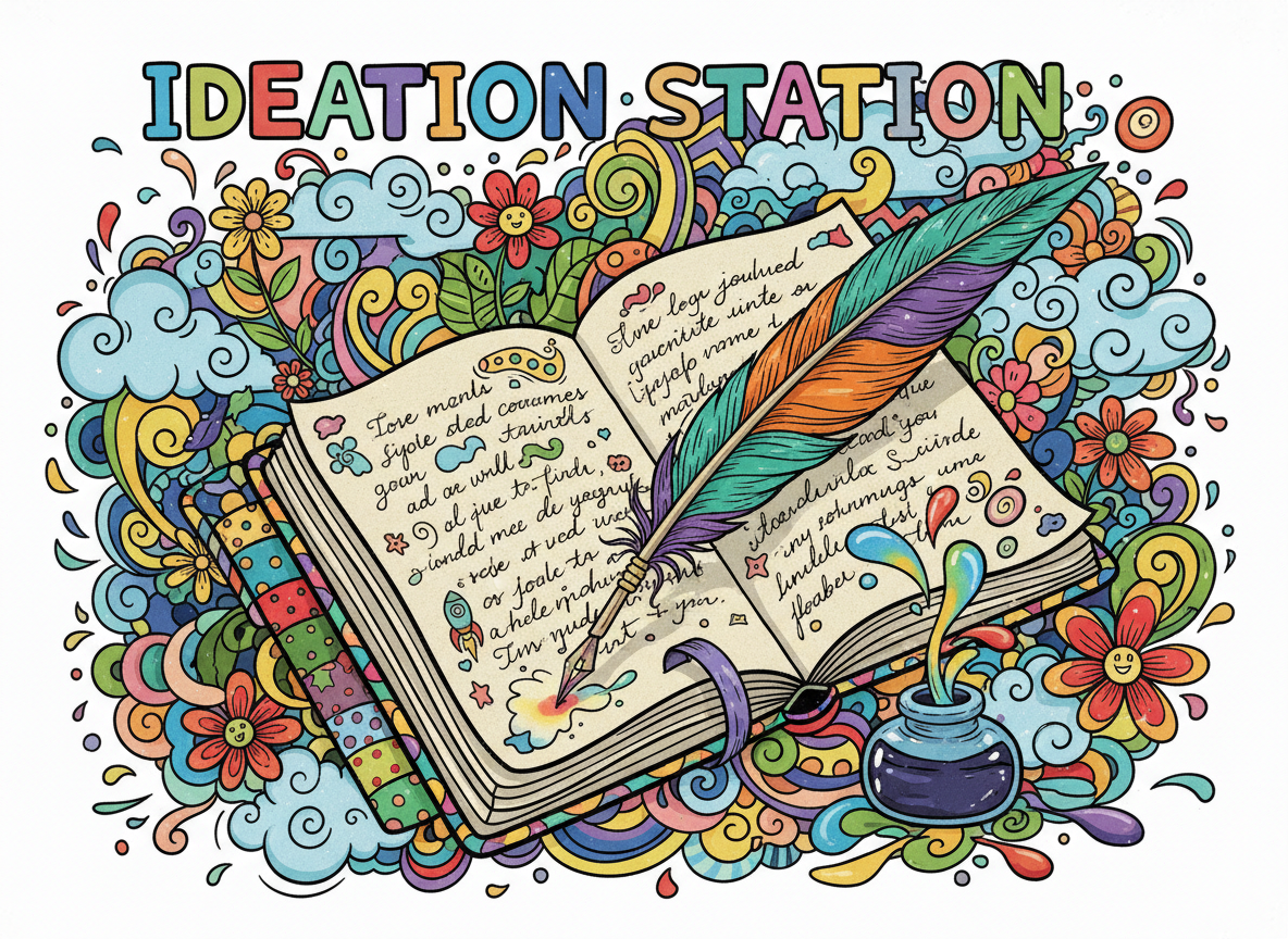 a colorful, quirky illustration of a notebook and quill in the same style as the previous LinkedIn-inspired image, matching the playful site vibe