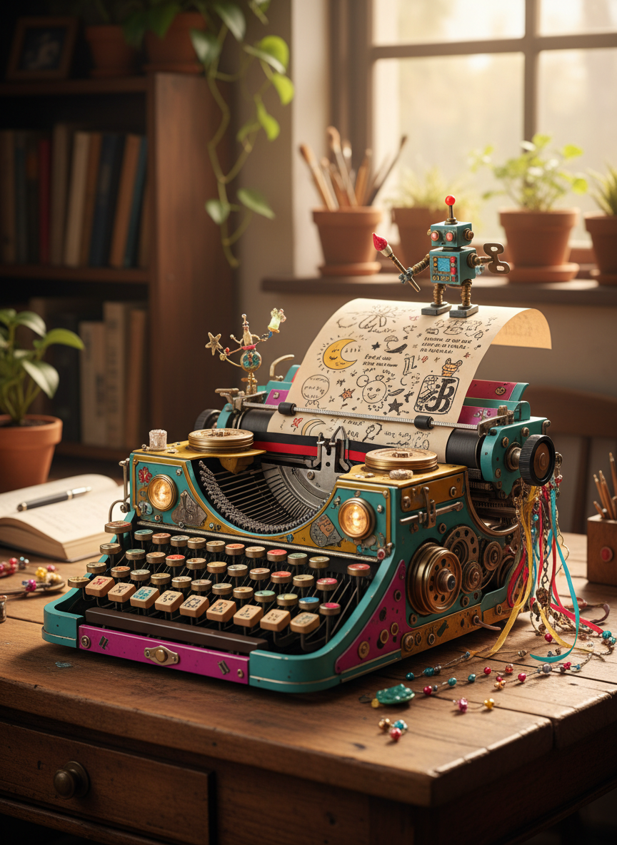 An image of a quirky, eclectic typewriter that fits content size, with playful and creative visual elements.